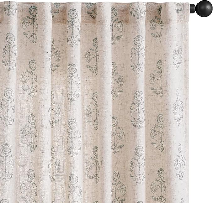 jinchan Linen Floral Curtains for Living Room 84 Inch Length Gray Flower Cottage Core Farmhouse Curtains Rod Pocket Back Tab Boho Semi Sheer Window Drapes Bedroom Set 2 Panels Grey on Beige