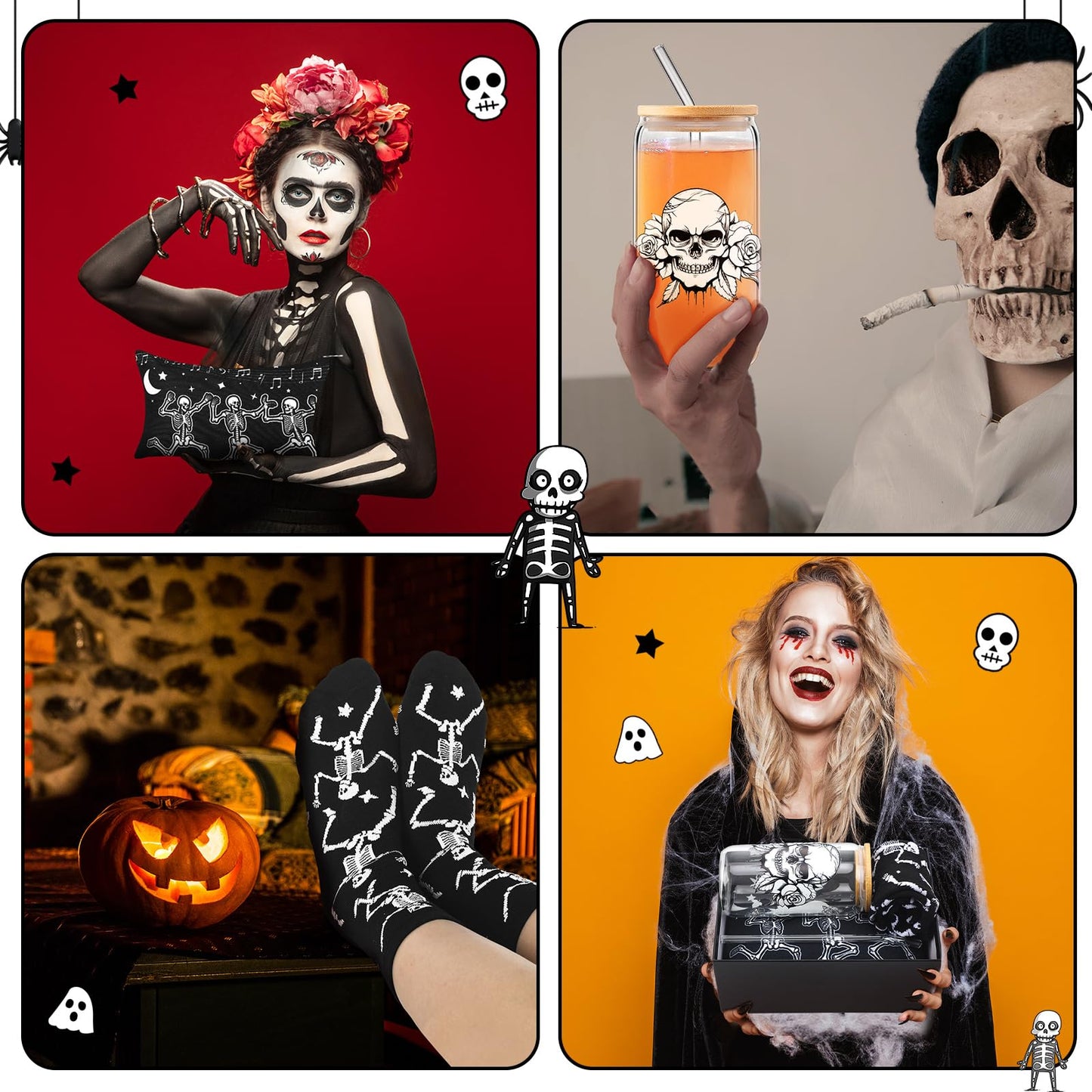 Skylety Goth Dancing Skeleton Gift Box of 4 Include 16oz Goth Glass Cup Gothic Stuff Spooky Sock Makeup Bag Spooky Gift Baskets for Xmas Holiday Women Gothic Lovers Stuff