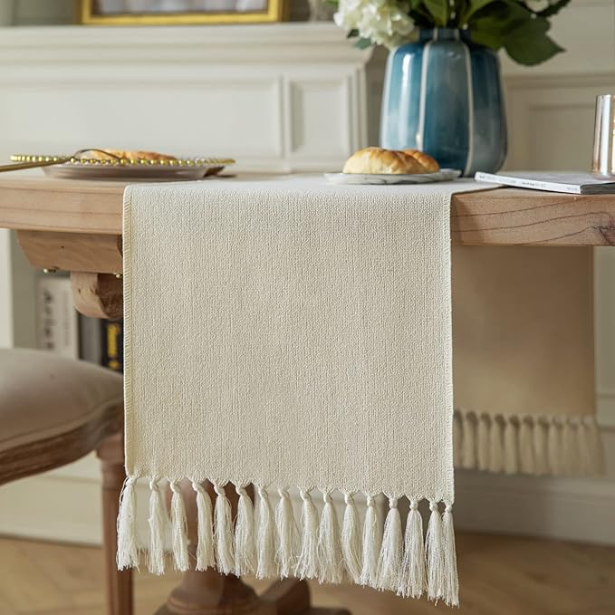 ZeeMart Cream Table Runners 72 Inches Long, Burlap Linen Style Rustic Farmhouse Table Runner, Boho Woven Dining Table Runner, 13x72 Inches, Cream