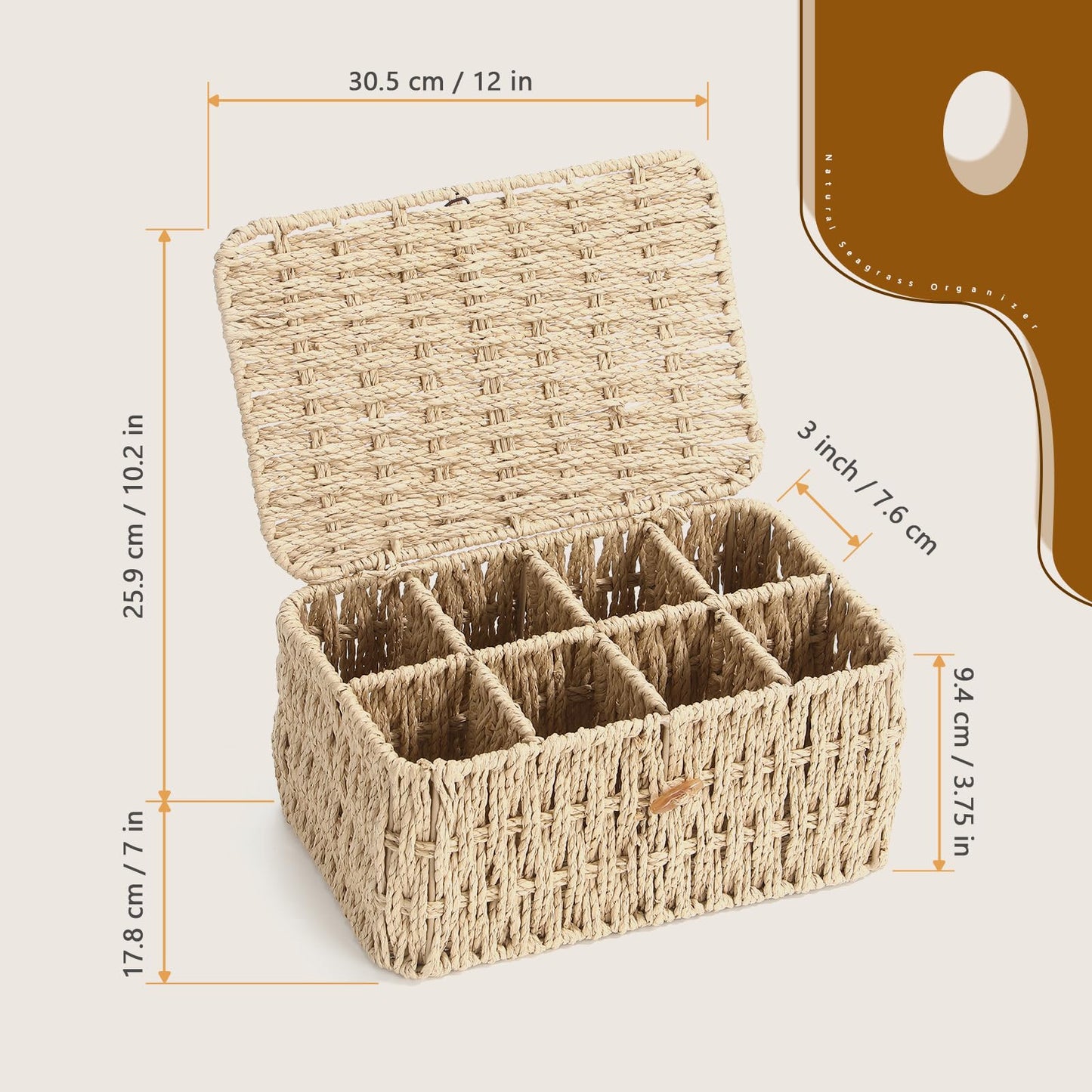Sieral Tea Bag Organizer/Sugar Packet Holder with Lid 8 Compartment Paper Rope Woven Tea Storage Box for Chest Coffee Pill Condiment Organizer Wicker Divider Container for Countertop Drawer Shelf
