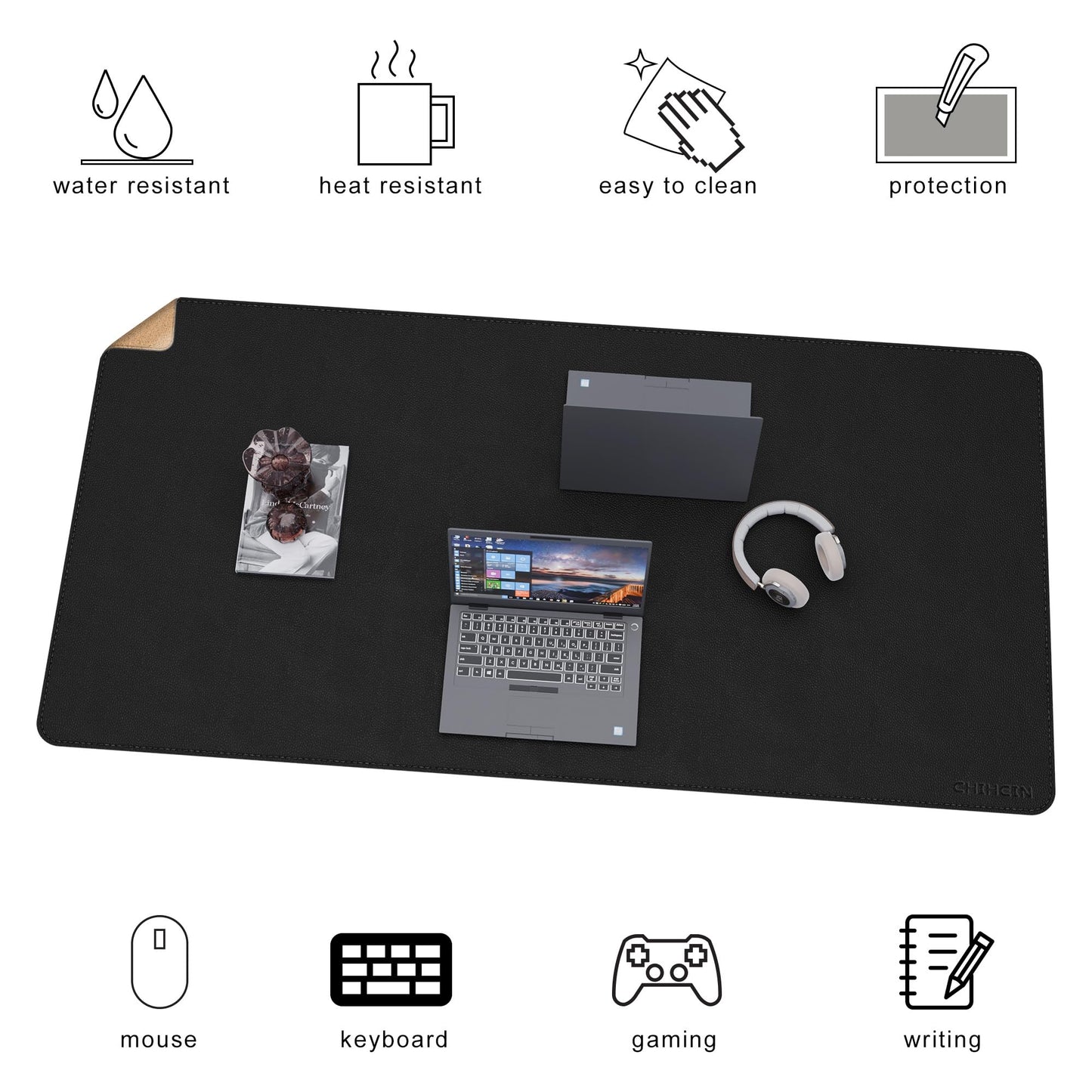 Chihein Cork & PU Leather Desk Mat 55” x 28” - Extra Large Mouse Pad, Double Sided Waterproof Desk Pad Protector for Executive Desk, Dining Table, Office Desk (Black)