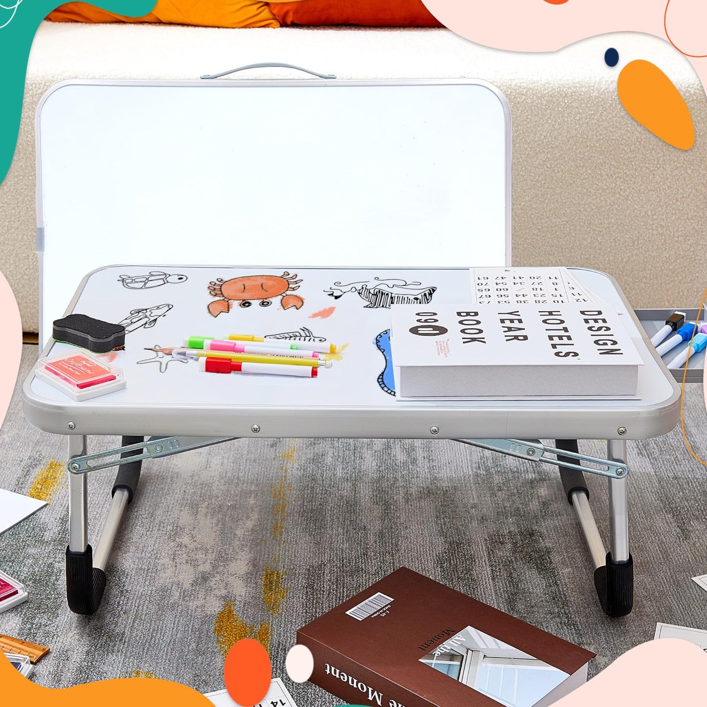 Suzile 1 Pc Portable Lap Desk with Dry Erase Board, Foldable Bed Tray Table with Storage Drawer, Markers & Eraser, Whiteboard Writing Surface for Couch, Sofa, Drawing, Writing, Home Office