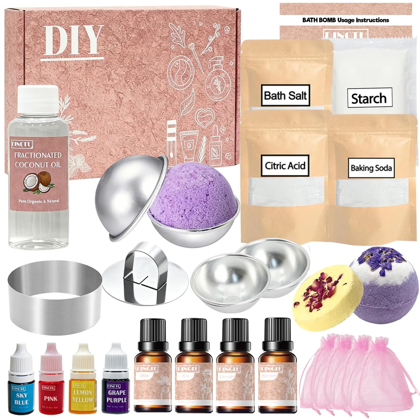 DINGTU Bath Bomb Making Kit, DIY Bath Bomb Kit for Adults & Teens, Make Your Own Bath Fizzy with Bath Bomb Molds, Essential Oils, Relaxing Bath Time Home Creative Spa Gift for Her, Women