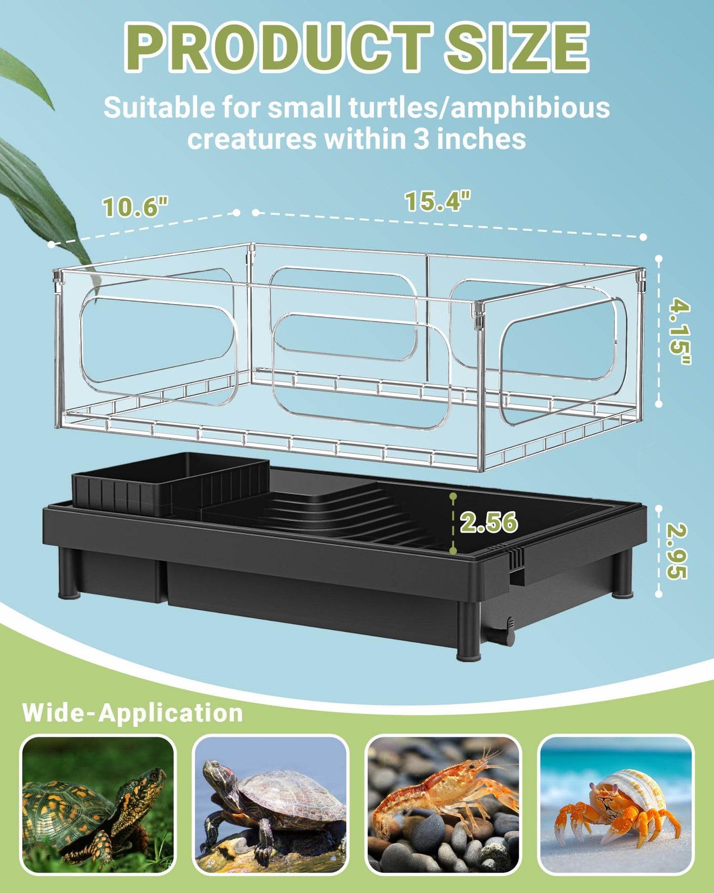 GOZILLA Small Turtle Tank Starter Kit, Acrylic Turtle Aquarium with Multi-Functional Areas for Turtles, Crabs, Crayfish, Small Reptiles. (Black Tank)