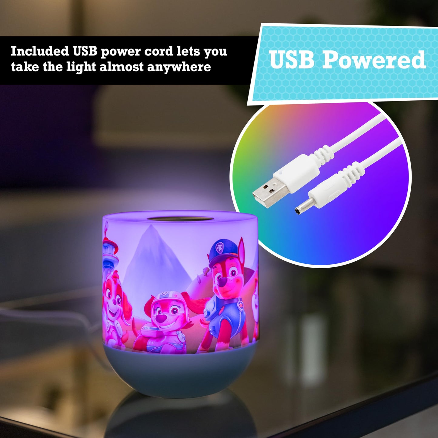 Lights By Night Paw Patrol Tabetop Lamp Color-Changing Dimmable White Light Color-Changing - Ideal for Children's Bedroom, Bathroom, Playroom - USB Powered - 81918
