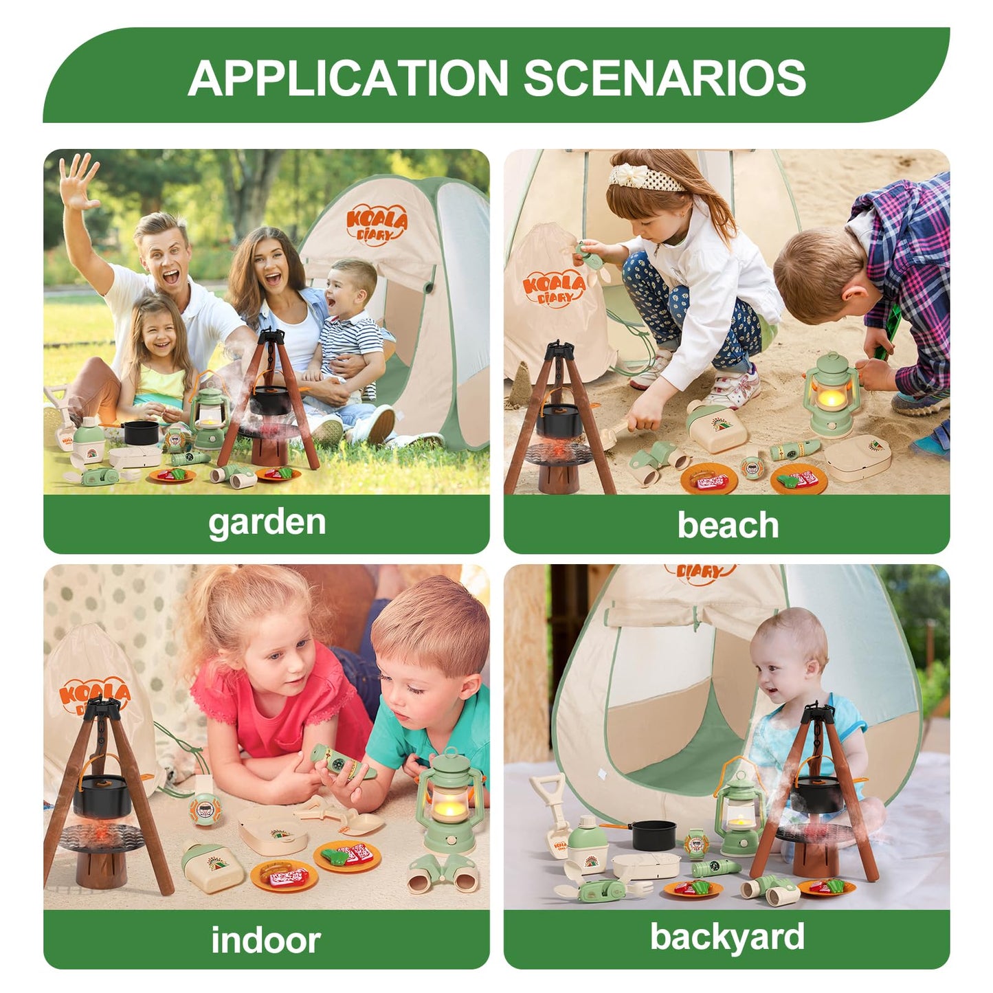 KOALA DIARY Kids Camping Set – an Indoor/Outdoor Pretend Play Adventure kit Featuring a Tent, Oil lamp, Stove, and More. Perfect for Ages 3+