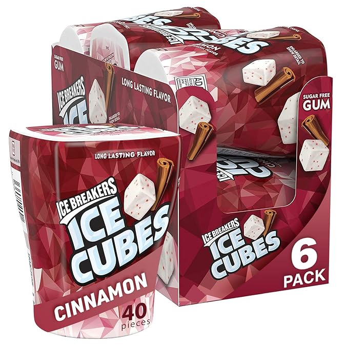 ICE BREAKERS Ice Cubes Bubble Breeze and Cinnamon Sugar Free Chewing Gum Bottles (6 Count, 40 Pieces)