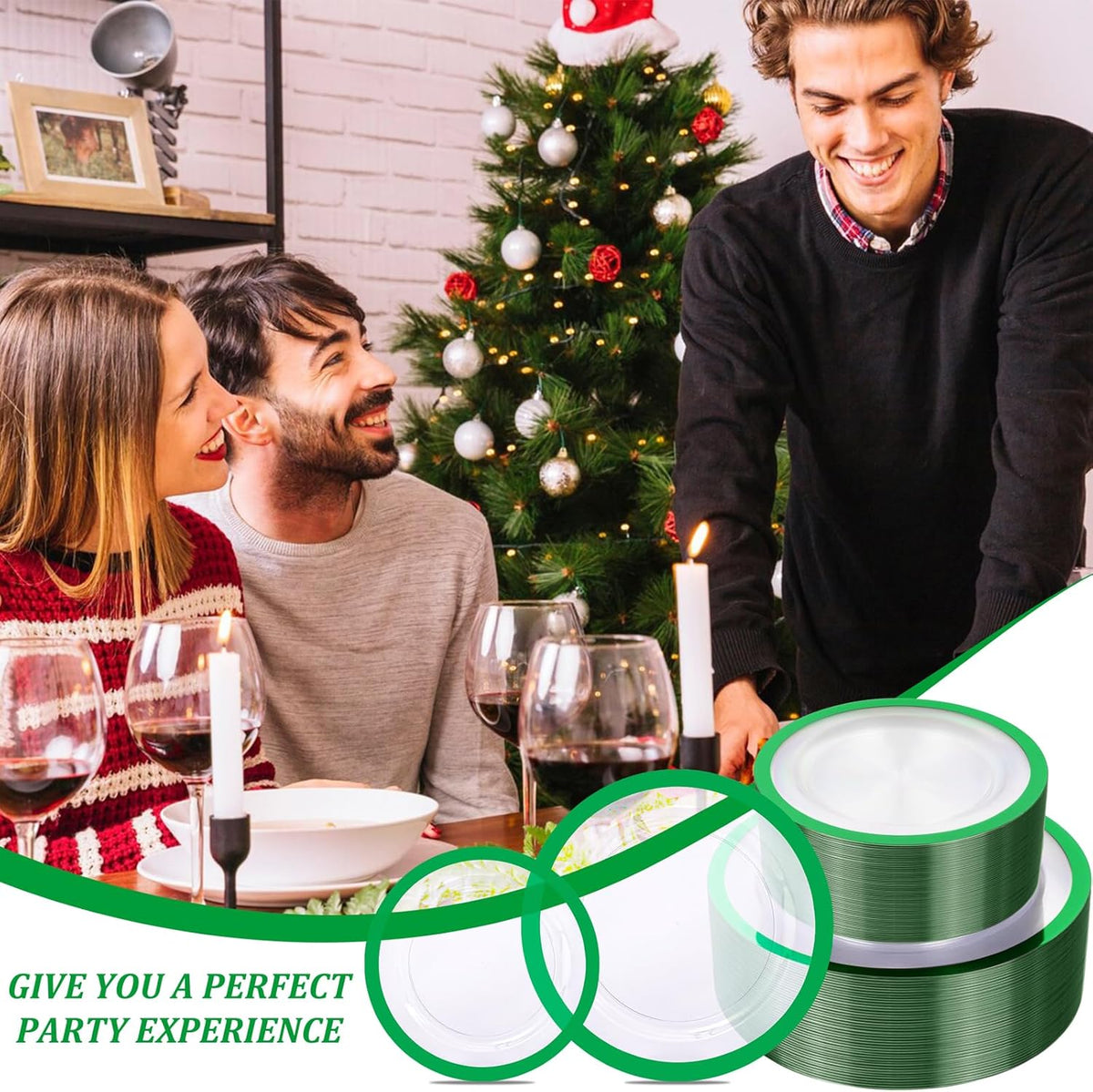 U-QE 200PCS Christmas Plates Disposable - Green Plastic Plates Disposable Heavy Duty- Holiday Plate Include 100 10" Dinner and 100 7" Dessert Platos, Perfect for Christmas Party