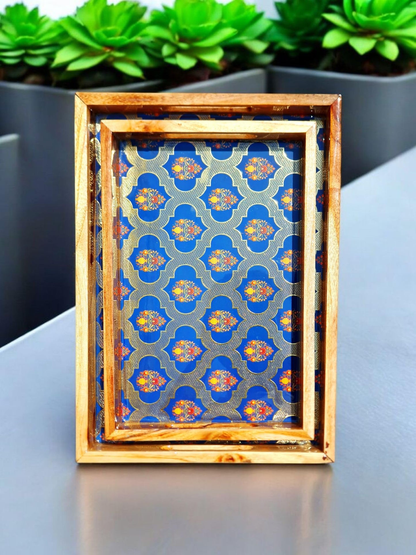 Vetali Export Handcrafted Teakwood Serving Tray Set of 2, Decorative Rectangular Trays with Handles, Breakfast in Bed, Coffee Table, Dinner, BBQ, Snacks, Appetizers, Lap Desk Tray for Couch - Blue