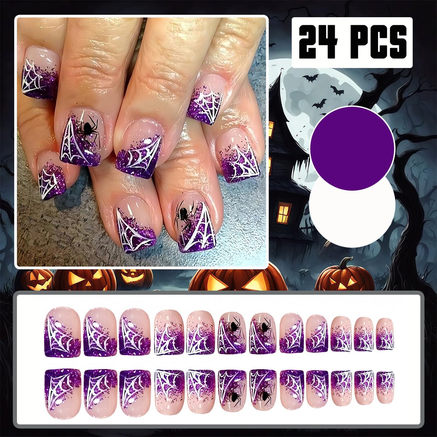 24Pcs Halloween Glitter French Tips Press on Nails Short Square Shaped Purple Fake Nails Horror Spider False Nails with White Spider Web Designs Halloween Acrylic Nails for Women DIY Manicure