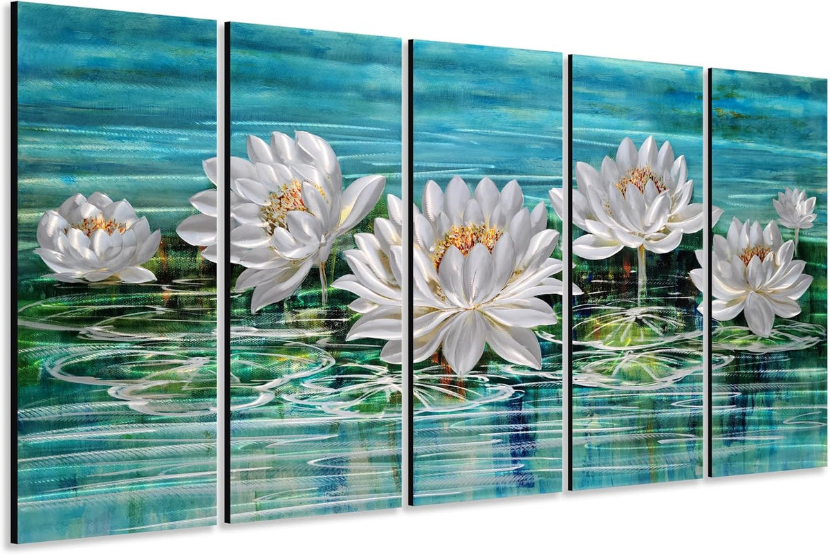 Yihui Arts Lotus Metal Wall Art, Green and Silver Flower Artwork, Hand Grind Aluminum Sculpture for Home Decor