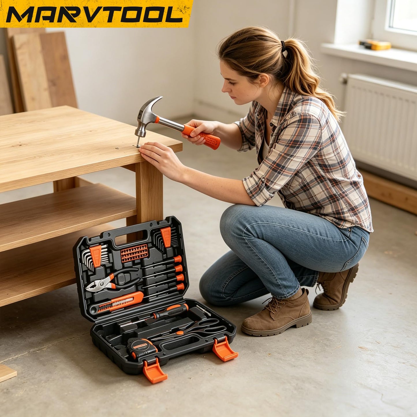 MarvTool 57 Piece Tool Set, Home Repair Hand Tool Kit, General Household Tool Box for Homeowner, DIY, Handyman, Women