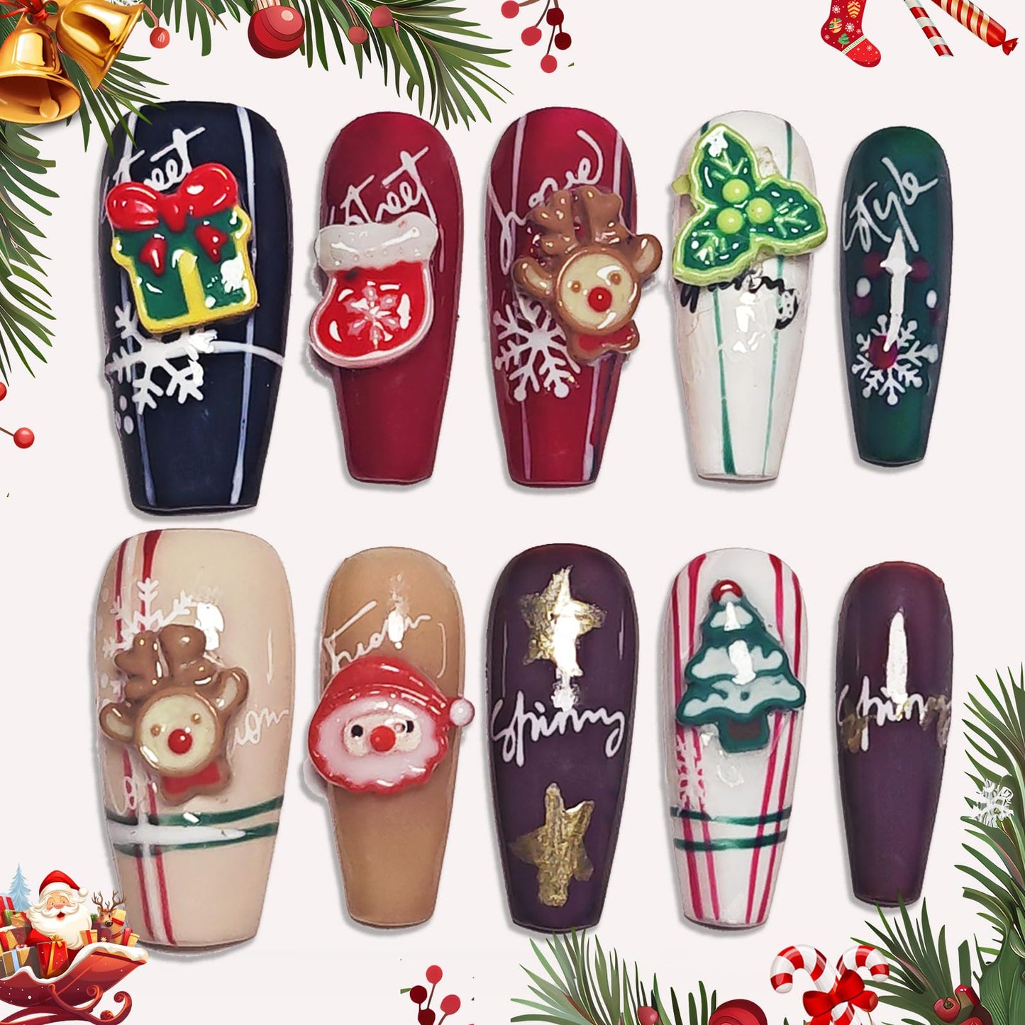 Handmade Press On Nails Coffin, Red Medium, Cute 3D for Women Gift, Reusable Stick On Fake Kit With Glue (Green/Red/White, XS)