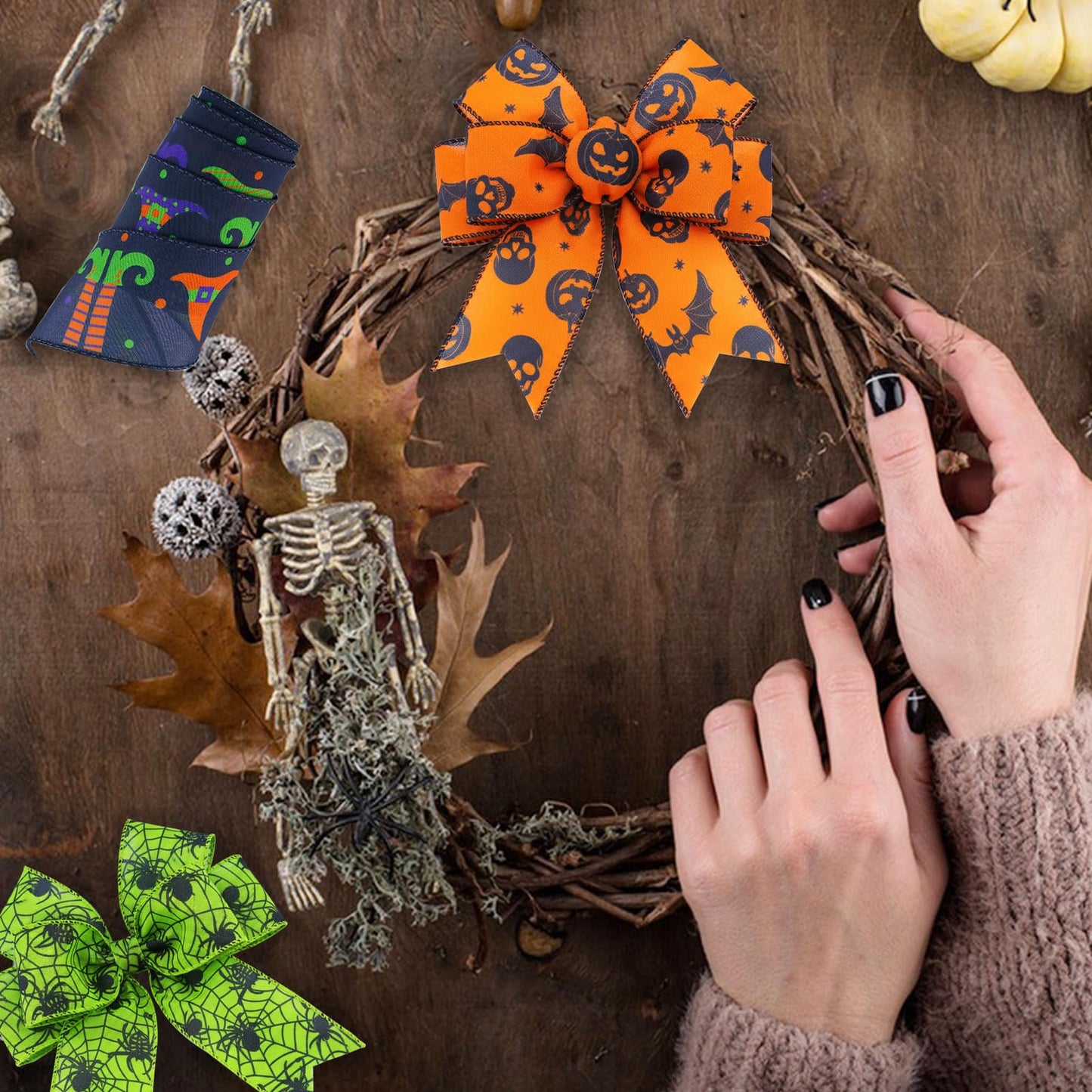 3 Rolls 15 Yards Halloween Wired Edge Ribbon - Bat Skull Pumpkin Halloween Decorative Spider Web Printed Wrapping Ribbon for Party Wreath DIY Craft Floral Bow