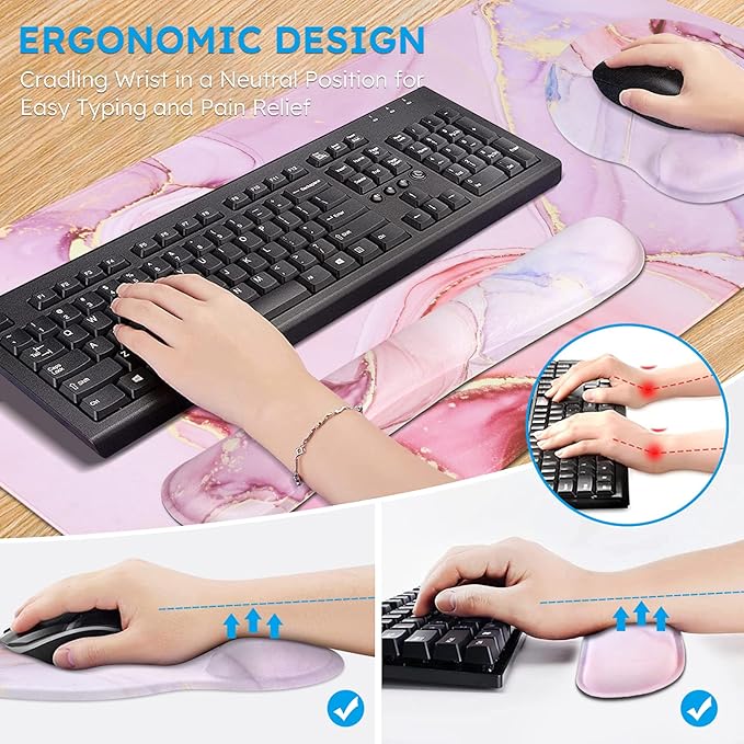 iCasso Desk Mat, Gaming Mouse Pad Wrist Support Set,4in1 XXL Large Mousepad + Keyboard Wrist Rest+Mouse Wrist Rest+Coaster Set with Ergonomic Design for Home Office Table Computer-Glitter Marble