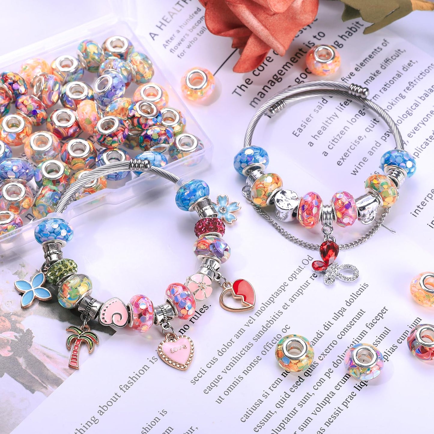 AIPRIDY Girls' Lucky Lover Amber Beads, Big Hole Spacer European Craft Beads for DIY Charms Bracelet Jewelry Making (Fishscale Silver Core)