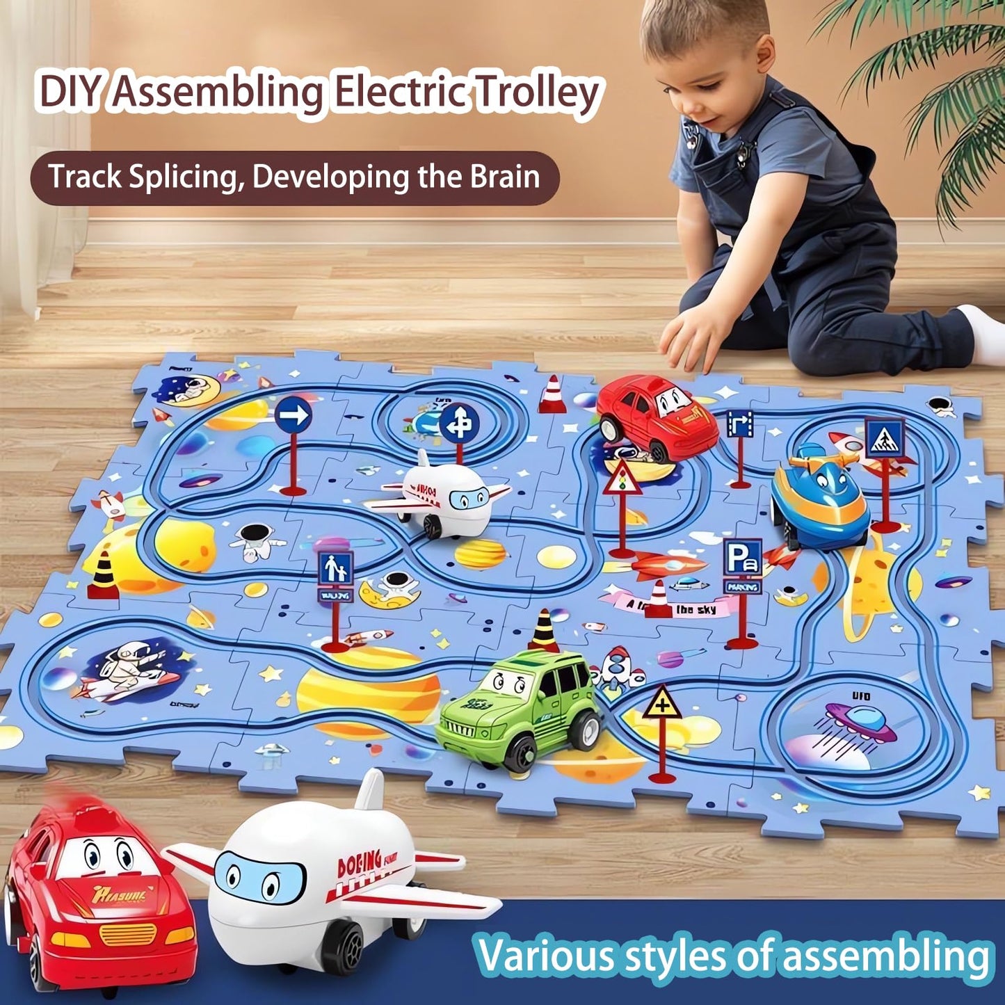 Ubegger Puzzle Racer Kids Car Track Set Educational Puzzle Track Car Play Set Rail Car Puzzle with Battery-Operated Toy Vehicle & Puzzle Board for Kids Ages 3+ (5PCS, 4 Style)