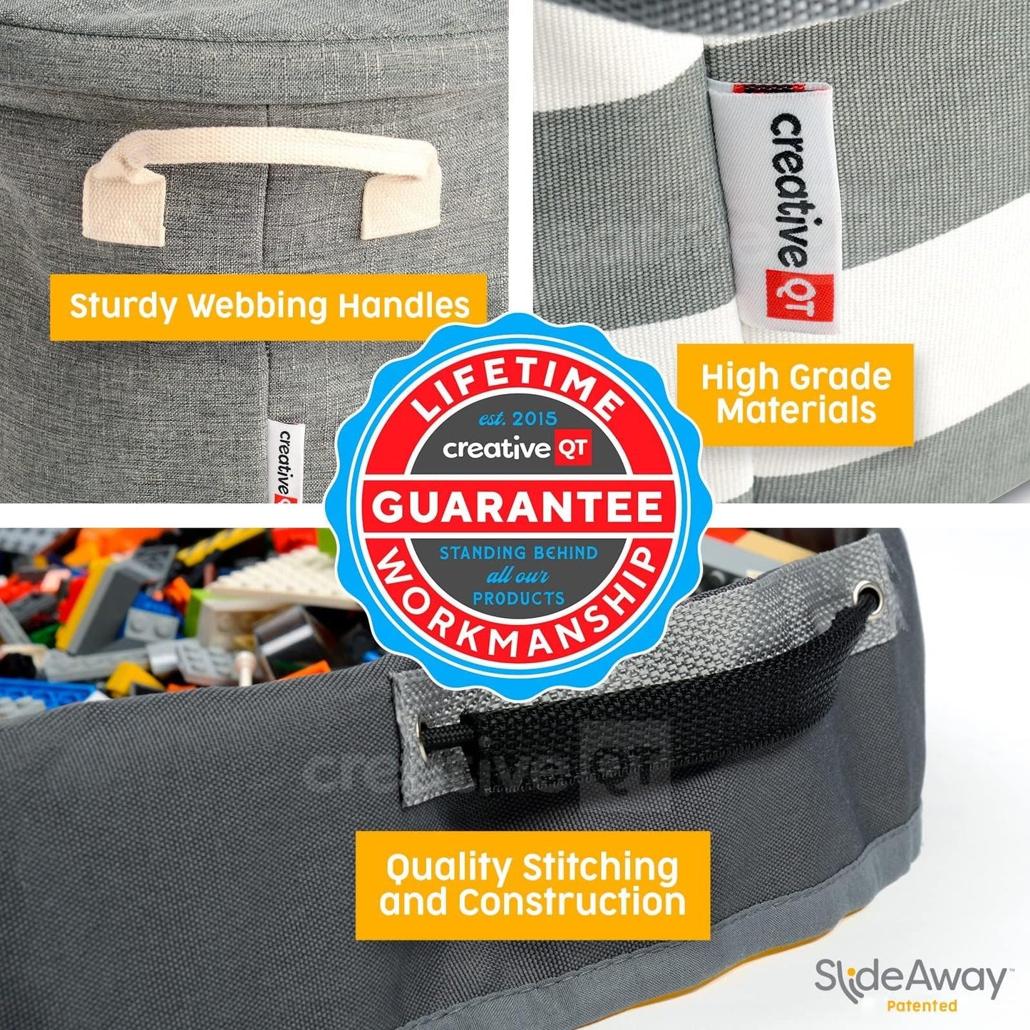 Creative QT SlideAway Toy Storage Organizer & Extra Large 52" Play Mat, Collapsible Storage Bins for Building Bricks, Small Blocks, Toys, Drawstring Cleanup for Kids Playroom & Classroom, Beige
