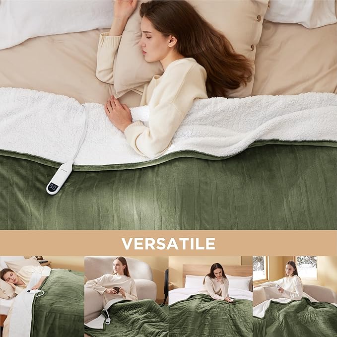 Bedsure Electric Blanket Full Size - Soft Flannel Heated Blanket, Fast Heating with 10 Time Settings & 6 Heat Settings, Warm Gift for Grandma (72x84 inches, Olive Green)