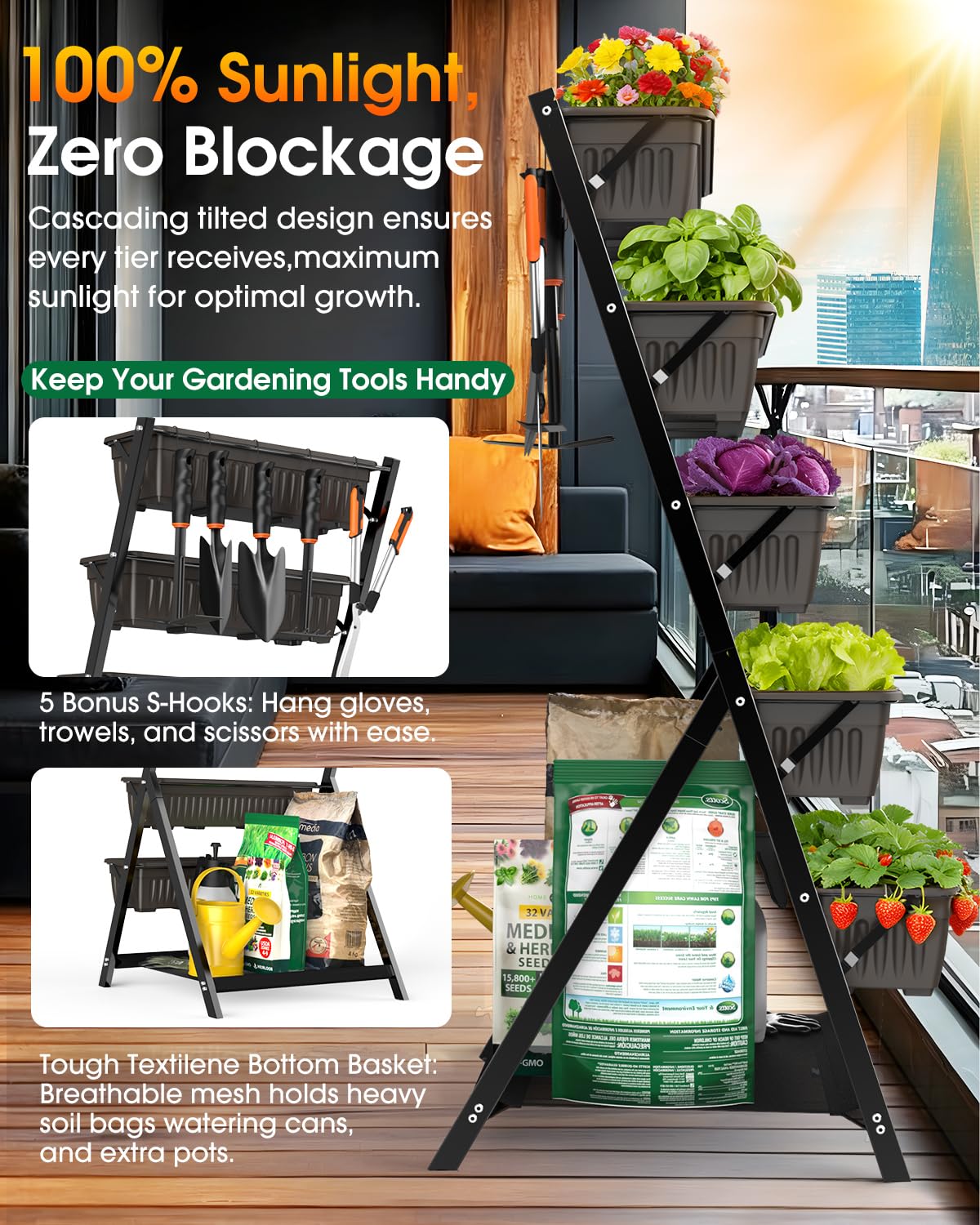 Olaiti 5-Tier Vertical Garden Bed Planter Boxes with Drainage System & Storage Space, Freestanding Vertical Garden Planter with 5 S-Hooks for Plants Vegetables Flowers Herbs in Garden Patio Yard