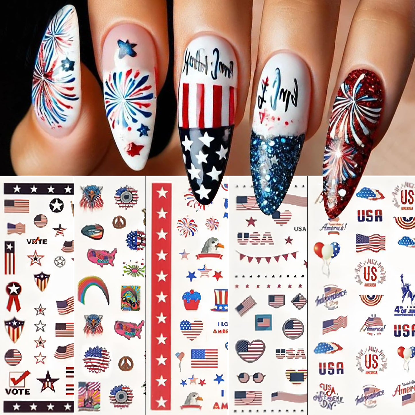 5 Sheets Independence Day Embossed Nail Art Stickers Self-Adhesive July 4th American Flag Eagle Fireworks Balloon Design Statue of Liberty Women's Nail Decoration