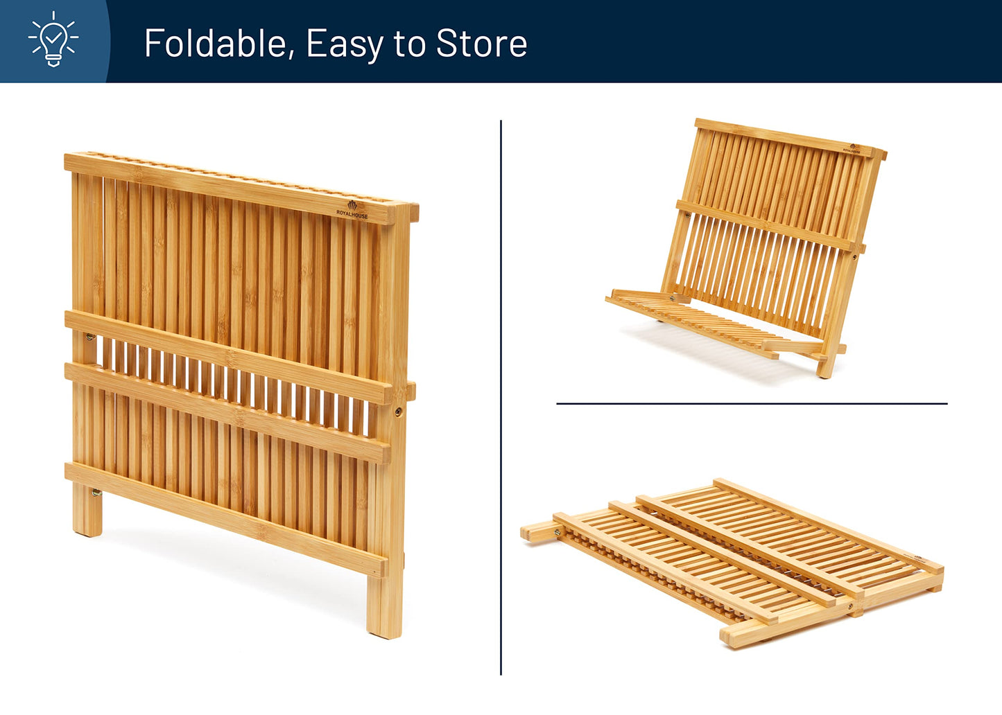 RoyalHouse Premium Natural Bamboo Dish Rack, Collapsible Dish Drainer, Foldable and Compact Dish Drying Rack for Kitchen Counter