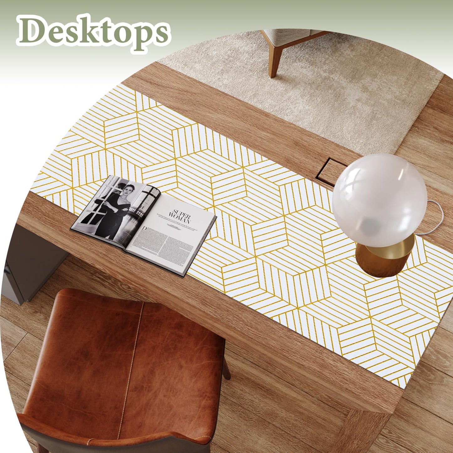 Shelf Liners for Kitchen Cabinets 12in x 20FT, Non Adhesive Cabinet Liner Strong Non-Slip Thickened Gold Geometric Drawer Liner, Easy to Clean for Shelf, Cabinet with Knife and Tape Measure