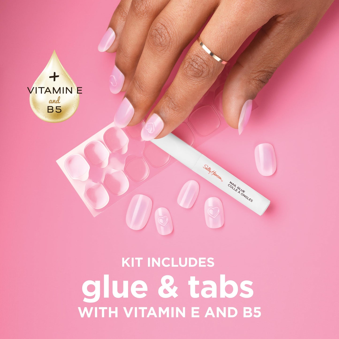 Sally Hansen Salon Effects Perfect Press-On Pink Nails | Oval Shape, 3D Design | Easy to Apply, Non-Damaging, Vitamin E & B5 | 30 Nails, Nail Glue, Adhesive Tabs, File| State of the Heart
