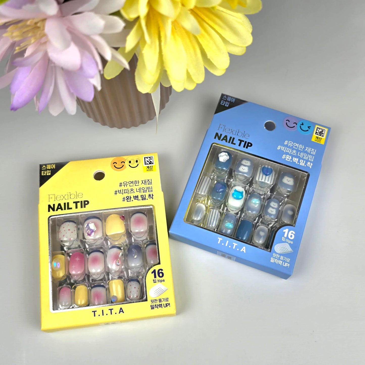Korean Press On Nails 2 Box Set, Blue & Yellow Style Square Nail Tips 32pcs, Gradient & Decorated Fake Nails, Flexible TPU Stick On Manicure Kit from Korea