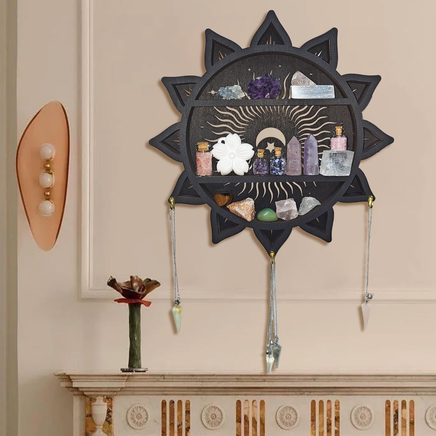 FNYDOX Chakra Lotus Flower Crystal Display Shelf with LED Light, Witchy Home Decor Boho Decorative Wall Mounted Trinket Shelf Wooden Sun Moon Shelf Rock Case Stone Storage Floating Hanging Holder