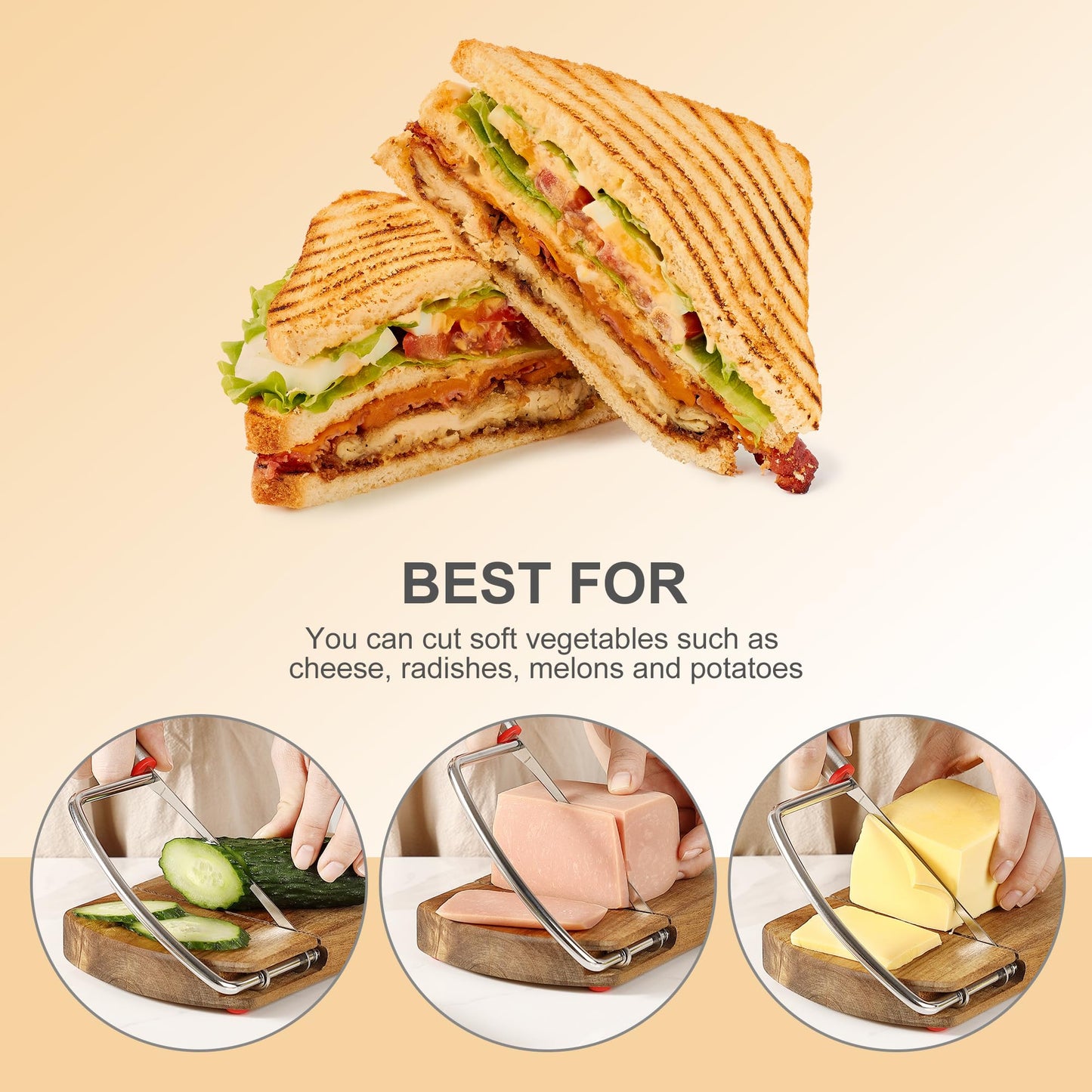 DGLOZE Wooden Cheese Slicer, Cheese Cutter Board with Stainless Steel Blade for Block Cheese, Vegetables, Butter, Sausages, Bread