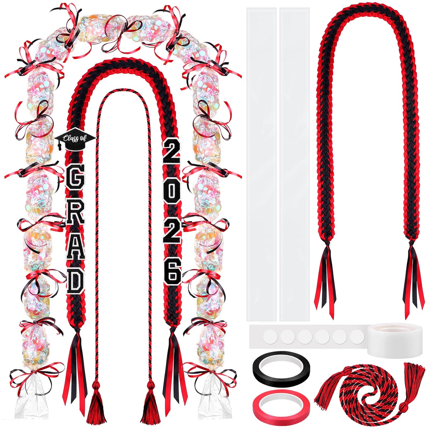 Eshylala Graduation Ribbon Lei Class of 2026 Graduation Leis Kit Grad Handmade Double Braided Necklace Honor Cord with Tassel and Number Patch Set for Graduation Party School Gift (Red)