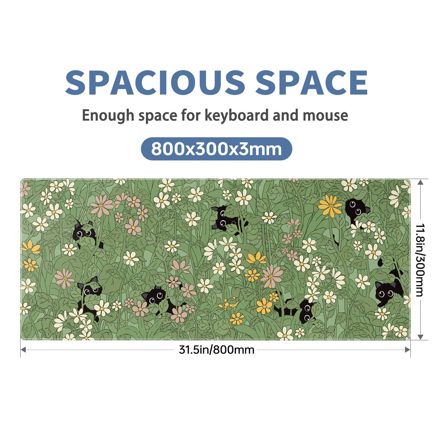 Cute Cat Mouse Pad Large Green Desk Mat Extended Keyboard Mouse Pad Kawaii Mousepad with Non-Slip Base and Stitched Edge Plant Mouse Mat Desk Pad 31.5 x 11.8 in Mouse Pads for Decor Home Office Gaming