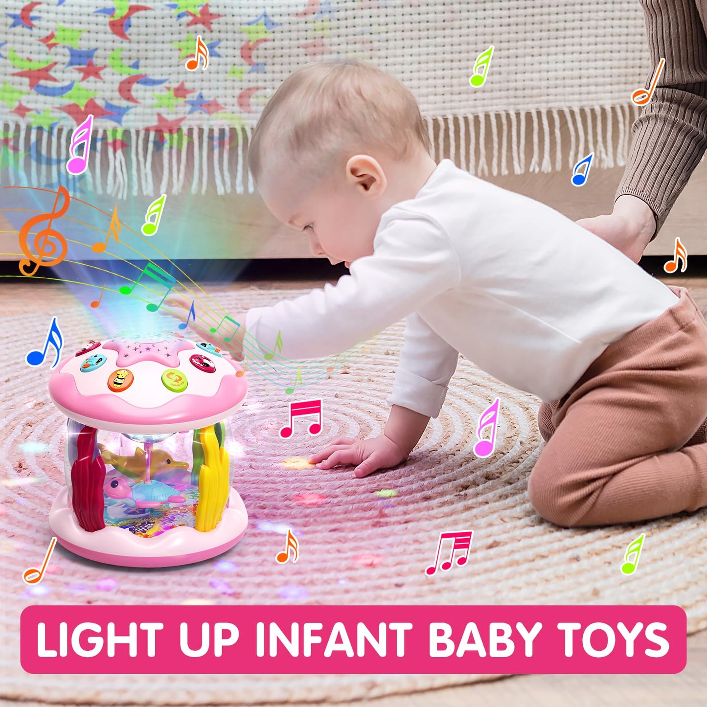 Letapapa Baby Toys 6 to 12 Months, 4 in 1 Ocaen Rotating Projector, Tummy Time Light Up Musical Toys for 6 7 8 9 12-18 Months, Educational Birthday Gifts for Baby Infants 1 2 Year Old Girls(Pink)