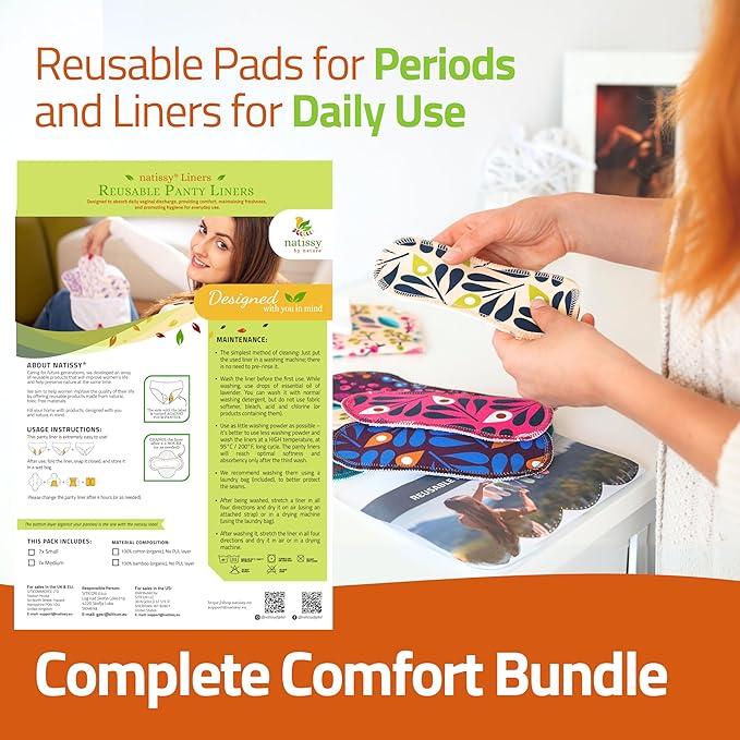 Organic Cotton EcoComfort Reusable Panty Liners for Women & Teens (Medium, 7-Pack); High-Temp Washable Cloth Liners; Stay Fresh & Dry, for Daily Vaginal Discharge Only; 100% Breathable (no PUL/TPU)