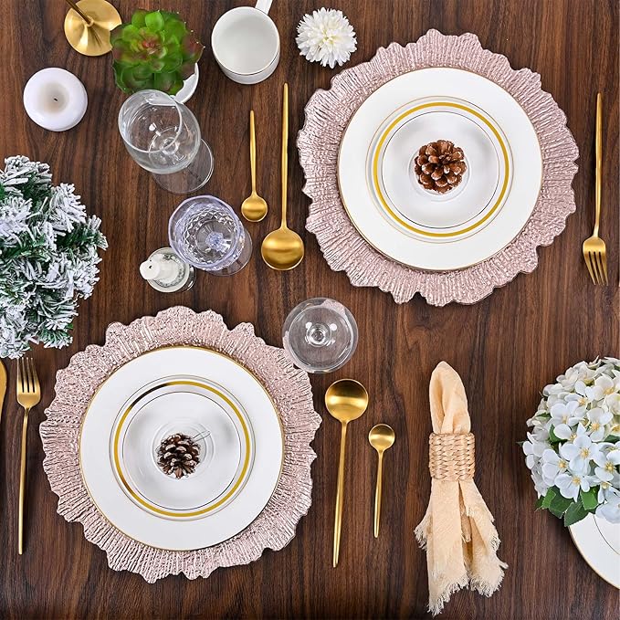 Pesonlook 24Pcs Rose Gold Charger Plates Round 13inch, Reef Plate Chargers for Dinner, Bulk Plastic Floral Table Plates for Dinner Wedding Party Event Table Setting Decoration(Rose Gold)