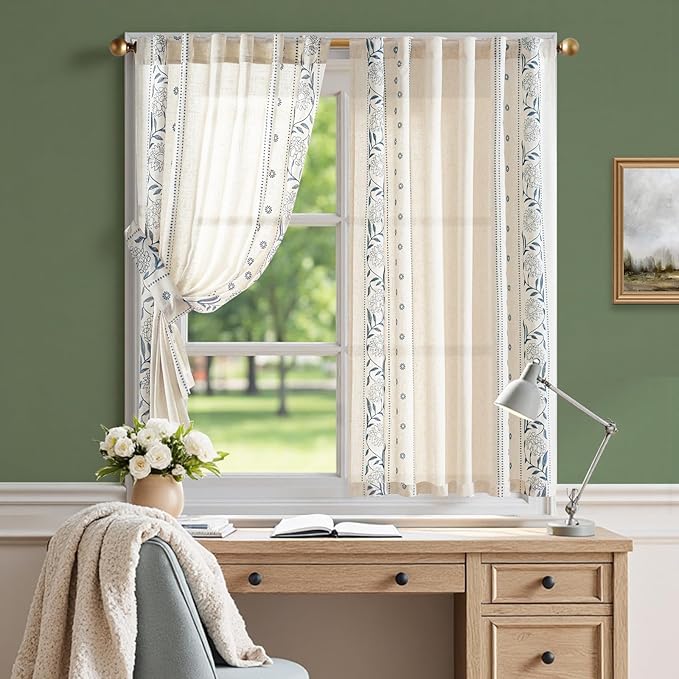 jinchan Winslow Linen Curtains 54 Inch Length Small Window Curtains Embroidered Bordered Floral Drapes Light Filtering for Bathroom Laundry Room Kitchen Farmhouse Decor Blue on Beige 2 Panels
