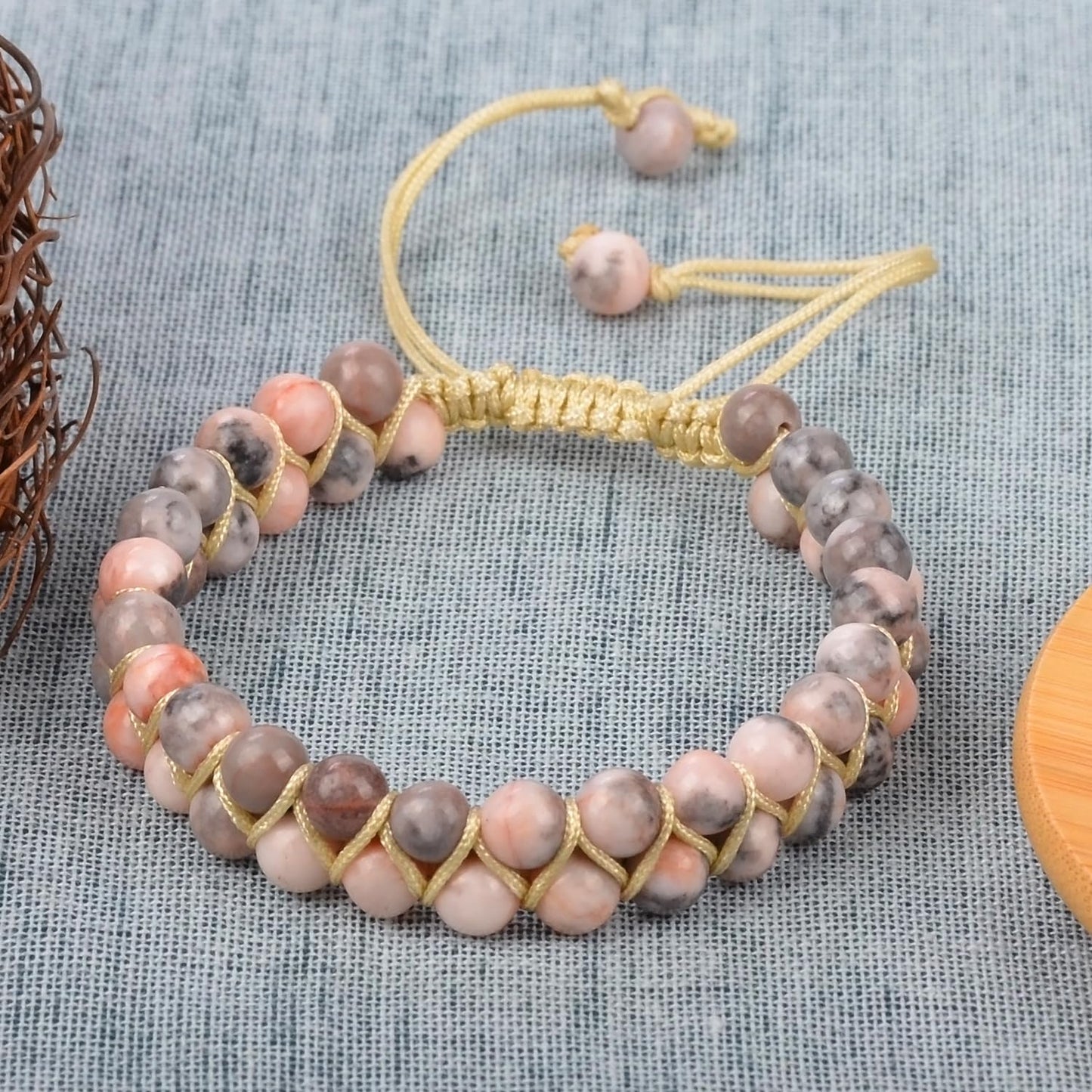 MASSIVE BEADS Double Layer Natural Chakra Healing Power Crystals Macrame Bracelet Yoga Stone Beads Gemstone Meditation Relax Anxiety Bangle for Unisex Women Men (Pink Zebra Jasper, 4mm)