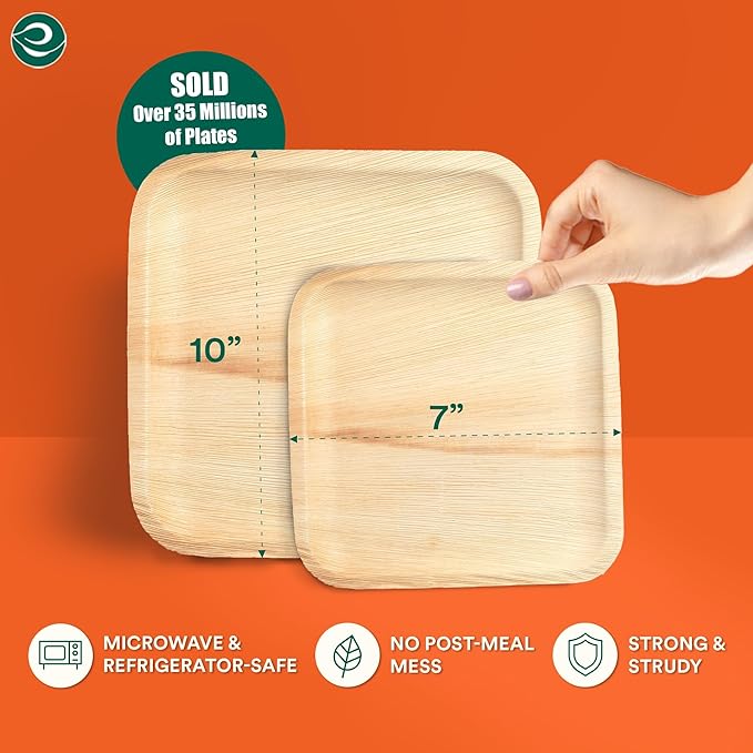 ECO SOUL 7&10 Inch Disposable Palm Leaf Bundle Plates [200 Pack] Premium Food-Safe Heavy Duty Compostable Bamboo Paper Plates for Lunch, Dinner, Weddings, Party, Camping & Catering Events [Square]