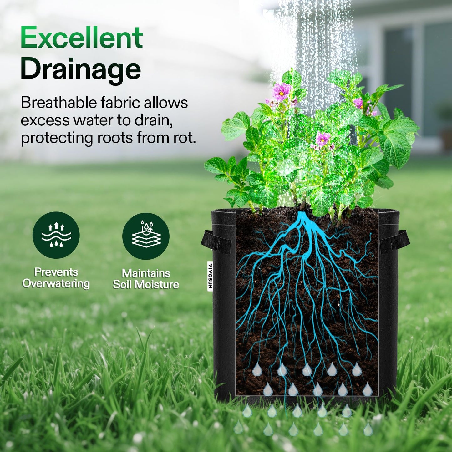 VIVOSUN 5-Pack 7 Gallon Potato Grow Bags, Fabric Pots With Handle and Roll-up Window, Planter Containers for Growing Potatoes, Black