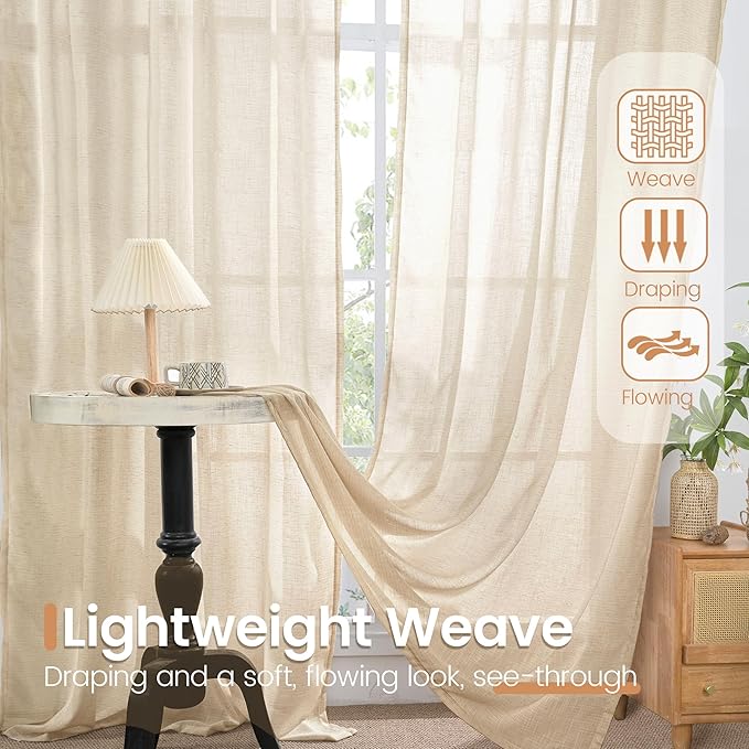 BGment Natural Linen Curtains 54 Inch Length for Short Windows, Burlap Drapes Semi Sheer Light Filtering with Rod Pocket Rustic Lightweight for Living Room, 2 Panels Set, 42 Inch Wide Each Panel