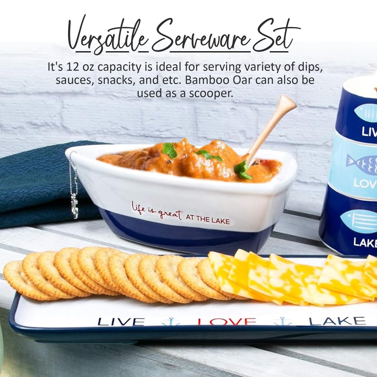 WP - At the Lake - 7" Boat Serving Dish with Oar, Blue, 12 oz