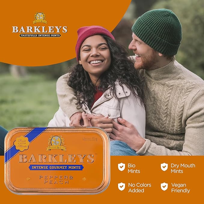 Barkleys Gourmet Pepper & Peach Breath Mints - Strong Pepper & Peach Flavor for Party, After Dinner, Wedding, Every Day Use-Vegan Mints In Reusable Classic Travel Tins, 6 Pack - 50 Count Each