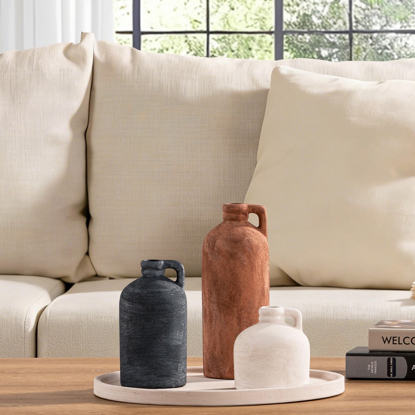Ceramic Vase Home Table Decor - Flower Vase Set of 3 Living Room Kitchen Decorations Farmhouse Modern Rustic Vases Decorative Centerpiece for Shelf Bedroom Office Bathroom Dining Coffee Desk