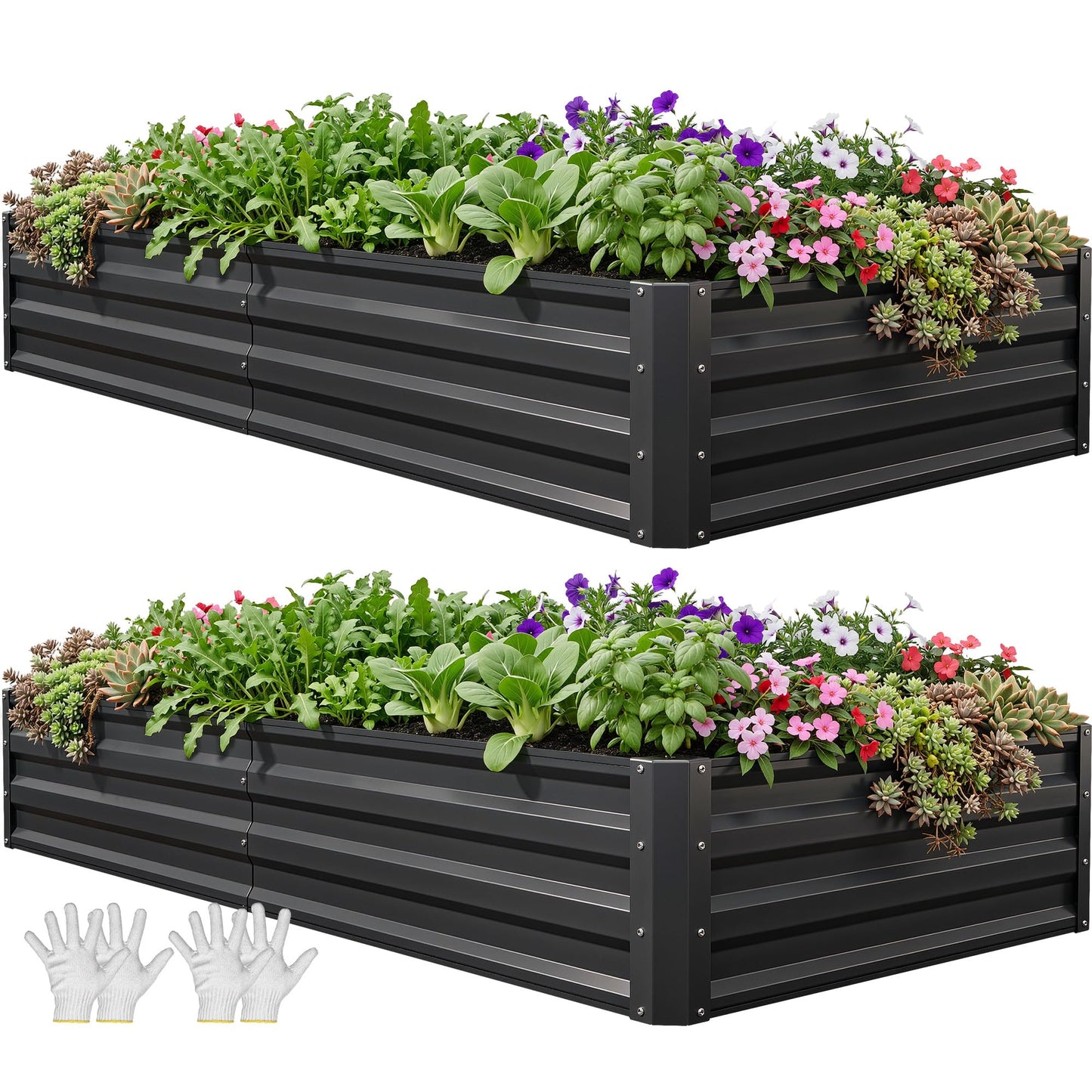 YITAHOME 6x3x1ft 2pcs Large Raised Garden Bed Kit, Galvanized Metal Planter Box with Gloves, Ground Nails, Support Rod, Outdoor Above Ground Planters for Plants Vegetables Flowers, Black