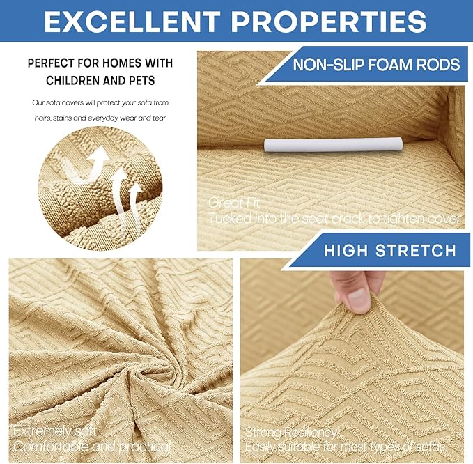XINEAGE 2026 New 1 Piece Couch Covers for 2 Cushion (55"-69") Stretch Loveseat Sofa Cover Slipcover Jacquard Universal Furniture Protector with Elastic Bottom for Kids,Dog (Loveseat, Beige)