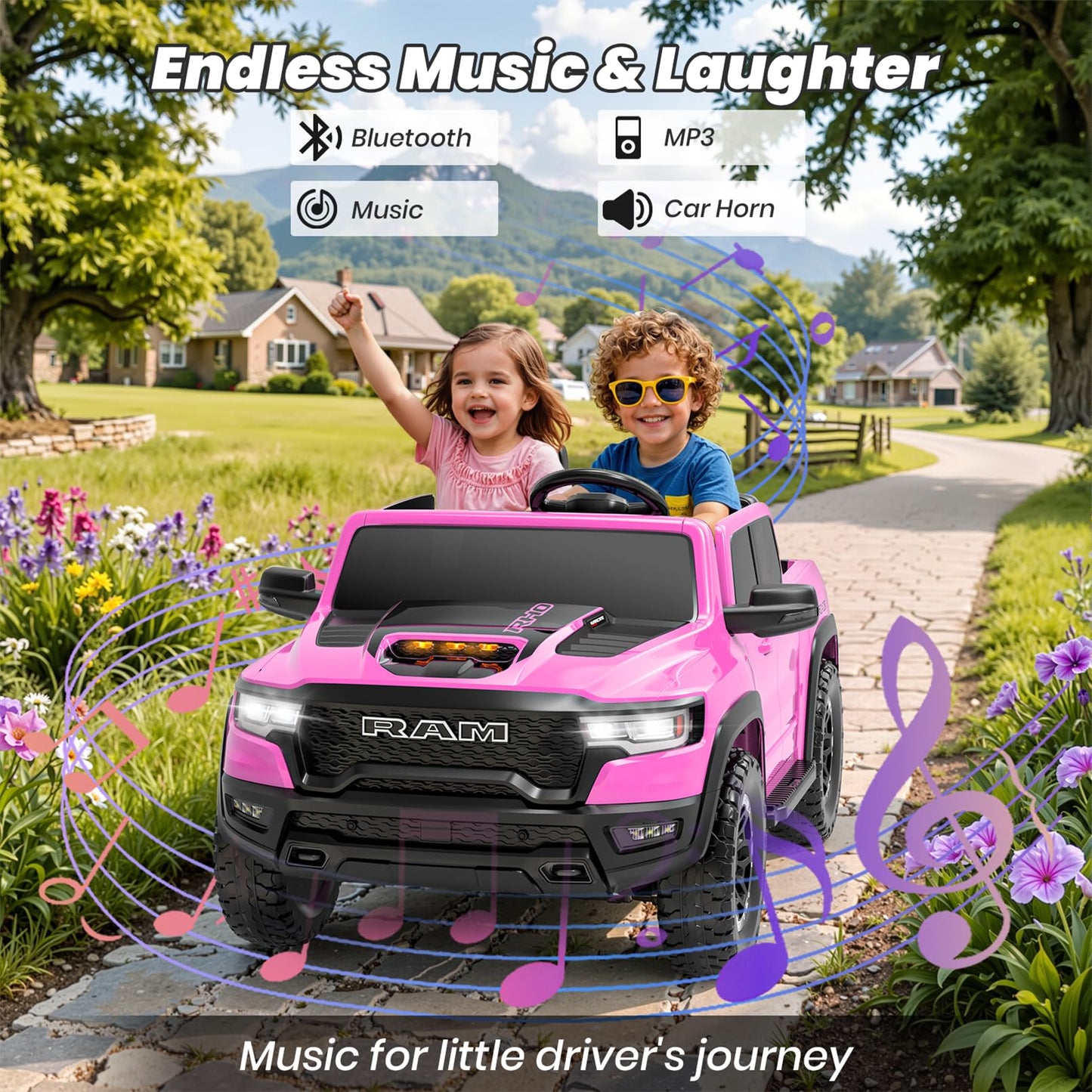 Segmart Licensed RAM 1500 RHO 2 Seater Electric Car, 24V Ride on Car for Big Kids with Remote Control, Toddler Ride on Toy w/4 Wheels Suspension, LED Lights, Bluetooth, Soft Start Function (Pink)