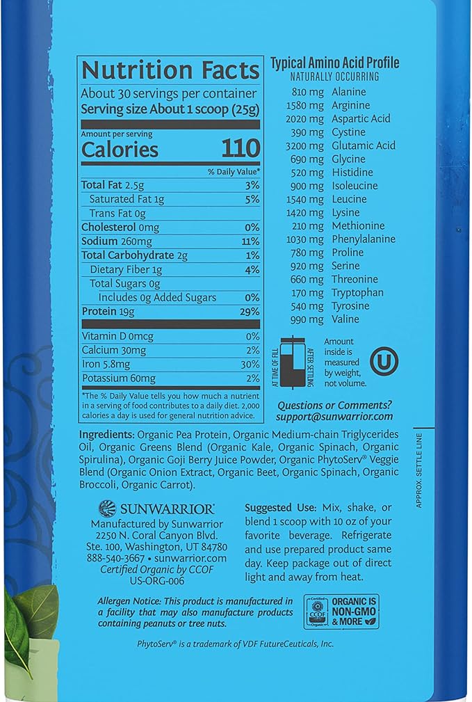 Sunwarrior Warrior Blend Protein Greens Powder Drink Mix | BCAA Plant Based Organic Hemp Seed Vegan Gluten Free Non-GMO Low Carb Protein Powder | Unflavored 750 G 30 SRV
