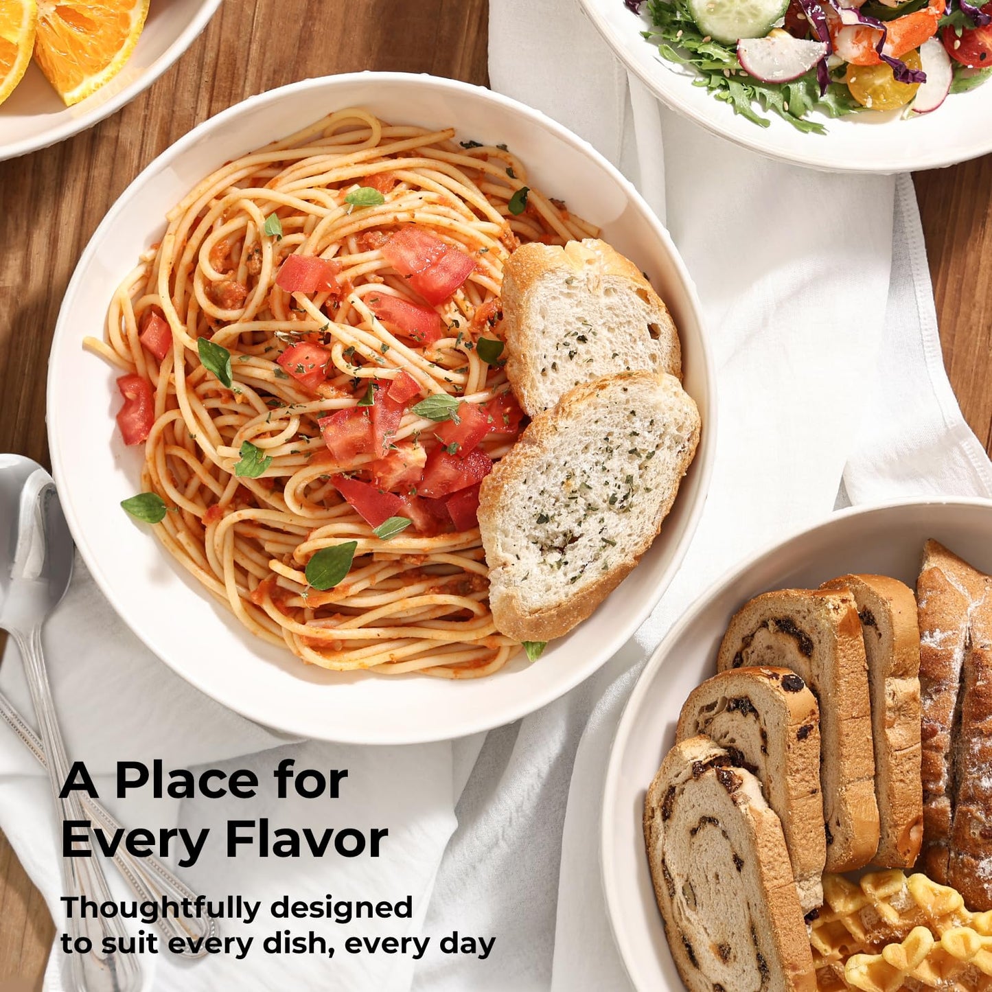 Y YHY 8.5" Pasta Bowls Set of 4, 30 oz Embossed Salad Bowls for Serving Soup, Noodle, Fruit, Dinner, Kitchen Deep Plates, Ceramic Dinnerware Sets, Soft White Dishes for Thanksgiving Day Gifts