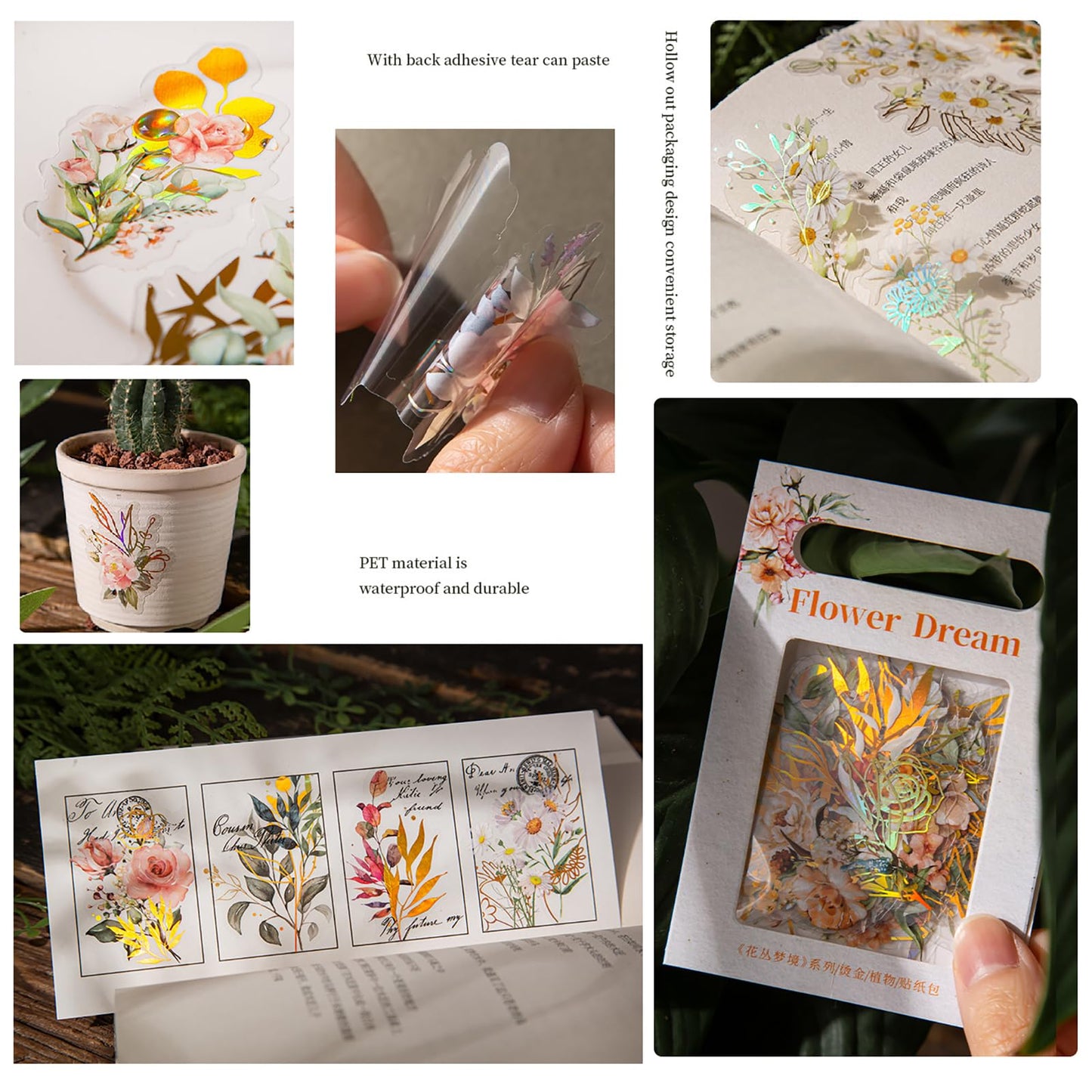 240 Pieces Gold Foil Botanical Stickers, Maxleaf Holographic Transparent Waterproof Flower Eucalyptus Scrapbooking Sticker, Floral Decals for Journaling Planner Card Making DIY Crafts